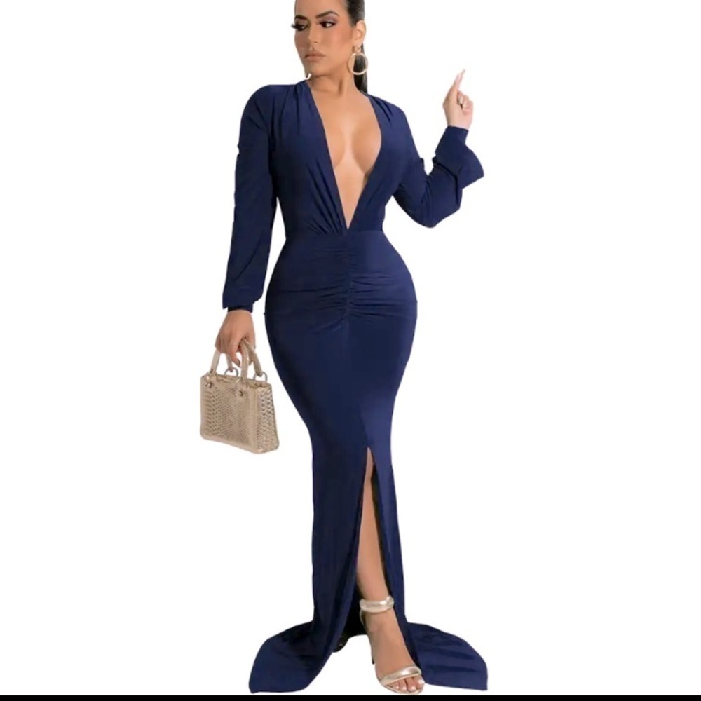 NAVY blue ,slit long sleeves mermaid long dress